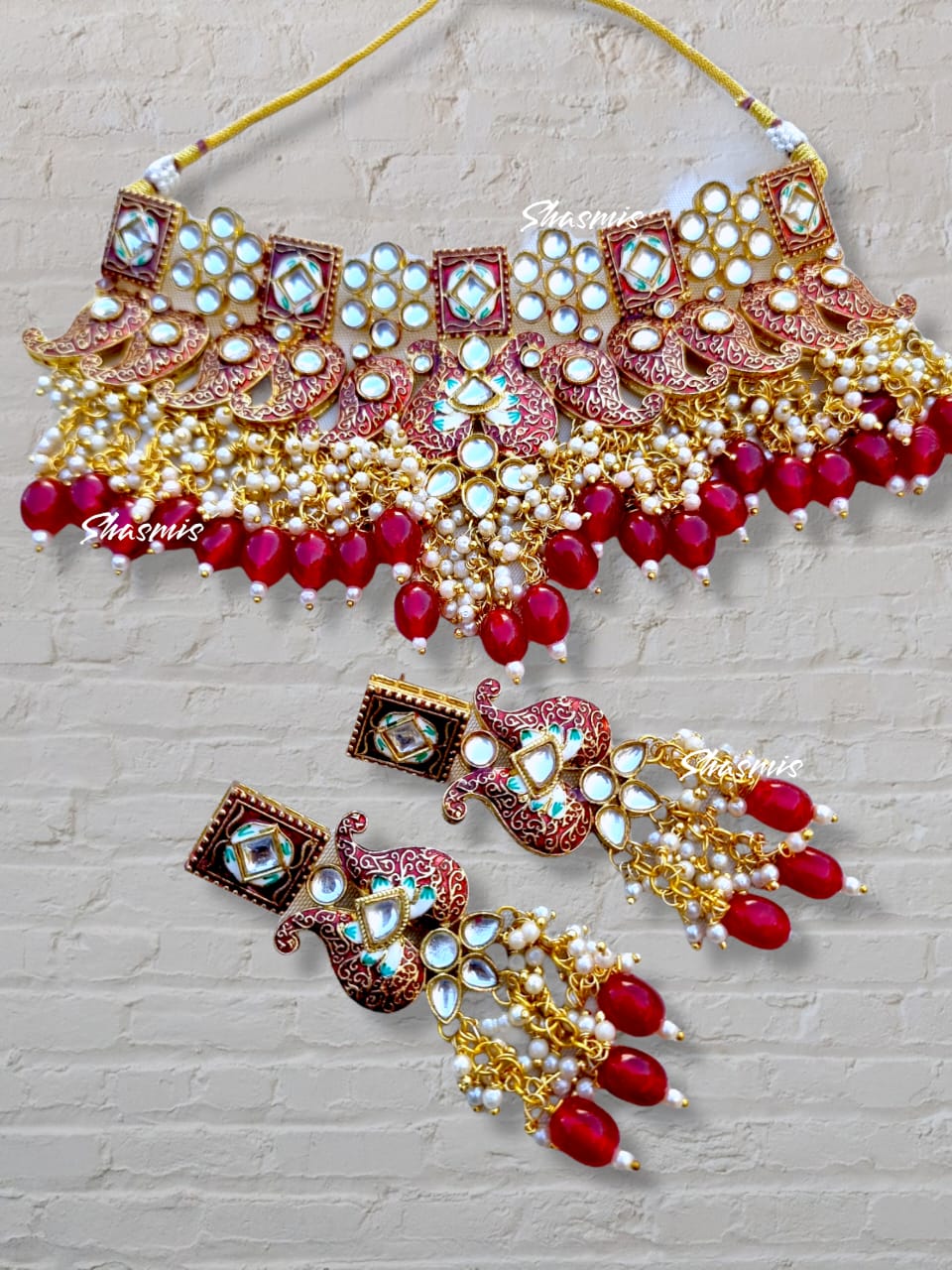 Red Color Kundan Statement Necklace With Pearls On Drop