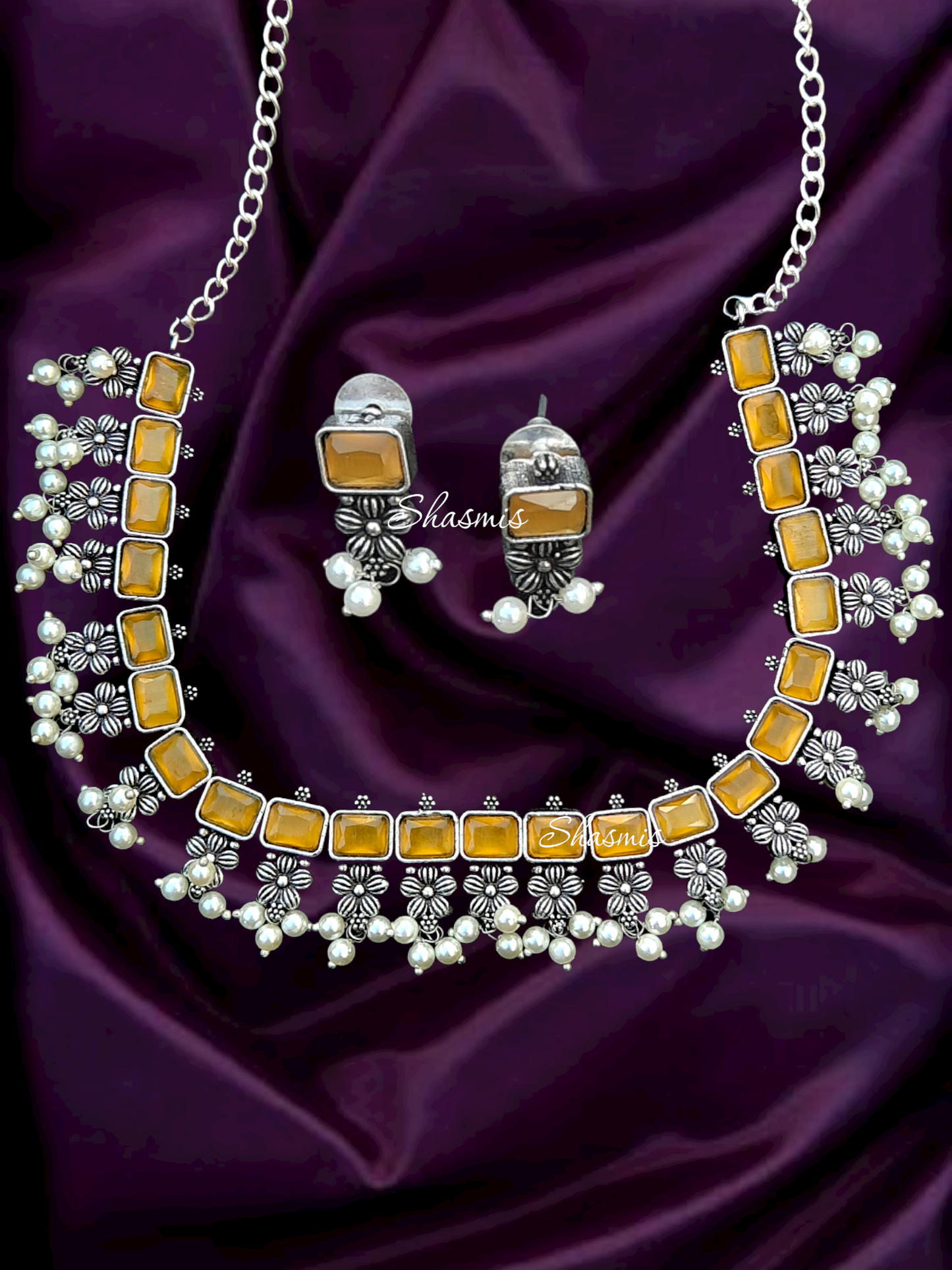 Yellow Color Oxidised Necklace With Earrings