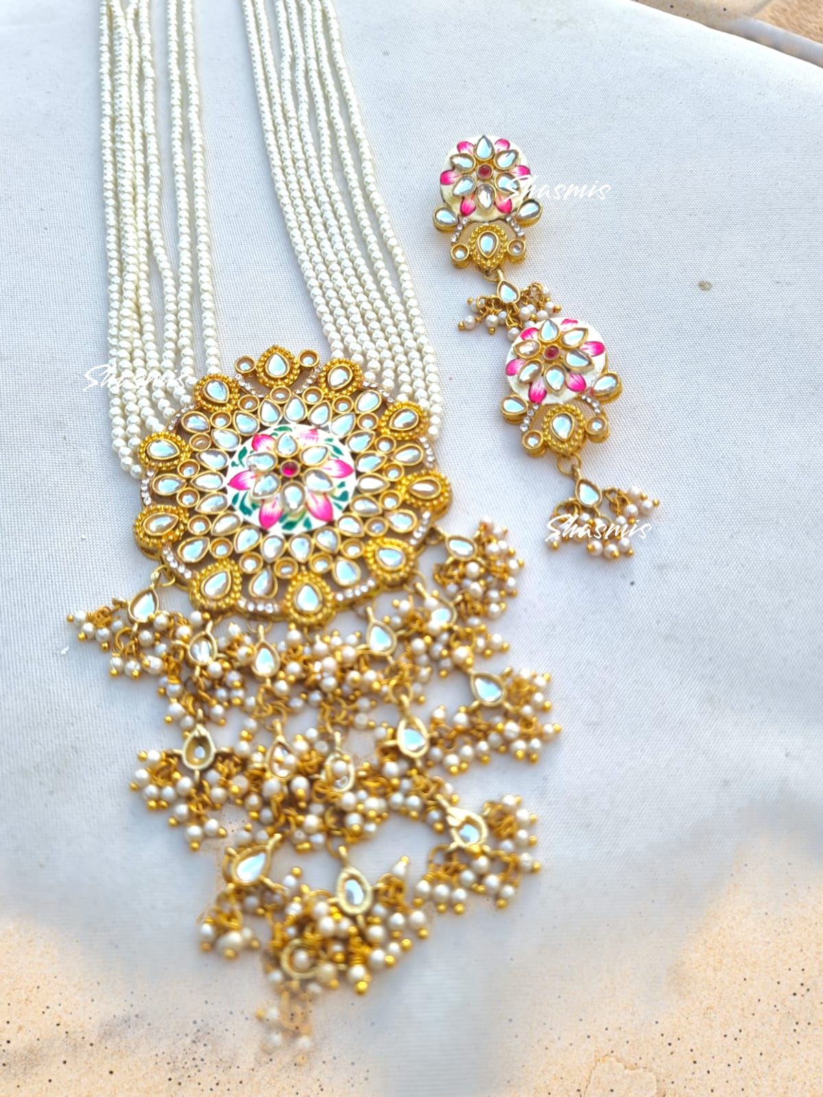 Pink Centre Flower Kundan Long Necklace With Pearls On Drop