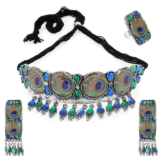 Beautiful Peacock Statement Choker With Earrings and Ring