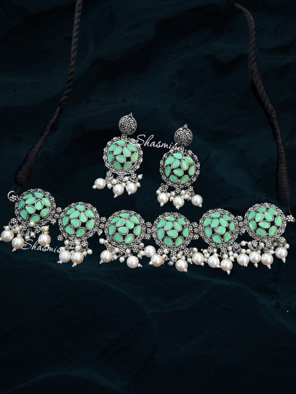 Mint Green Color Stone Choker with Earrings