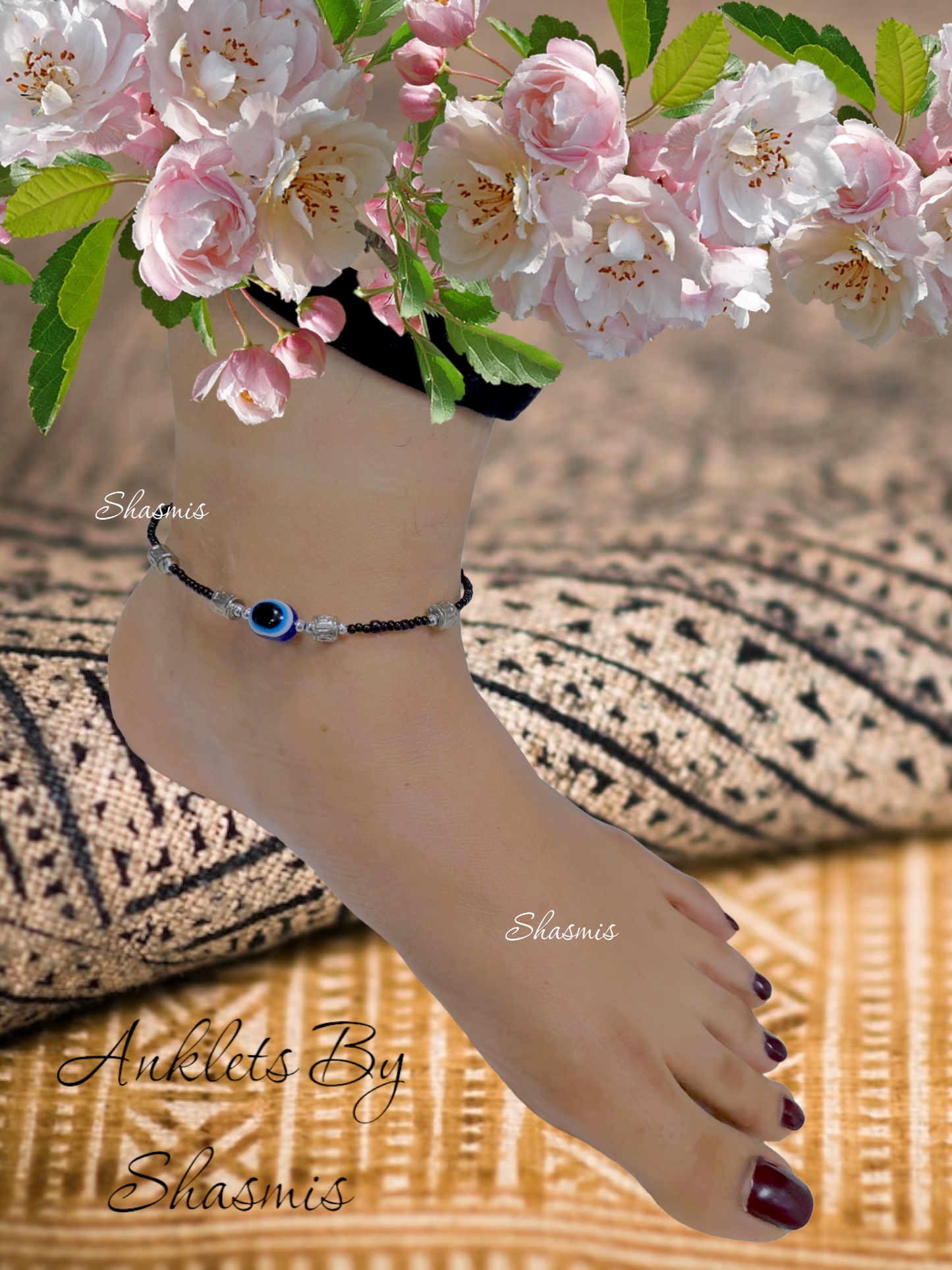 Black And Silver Big Beads Evil Eye Anklets