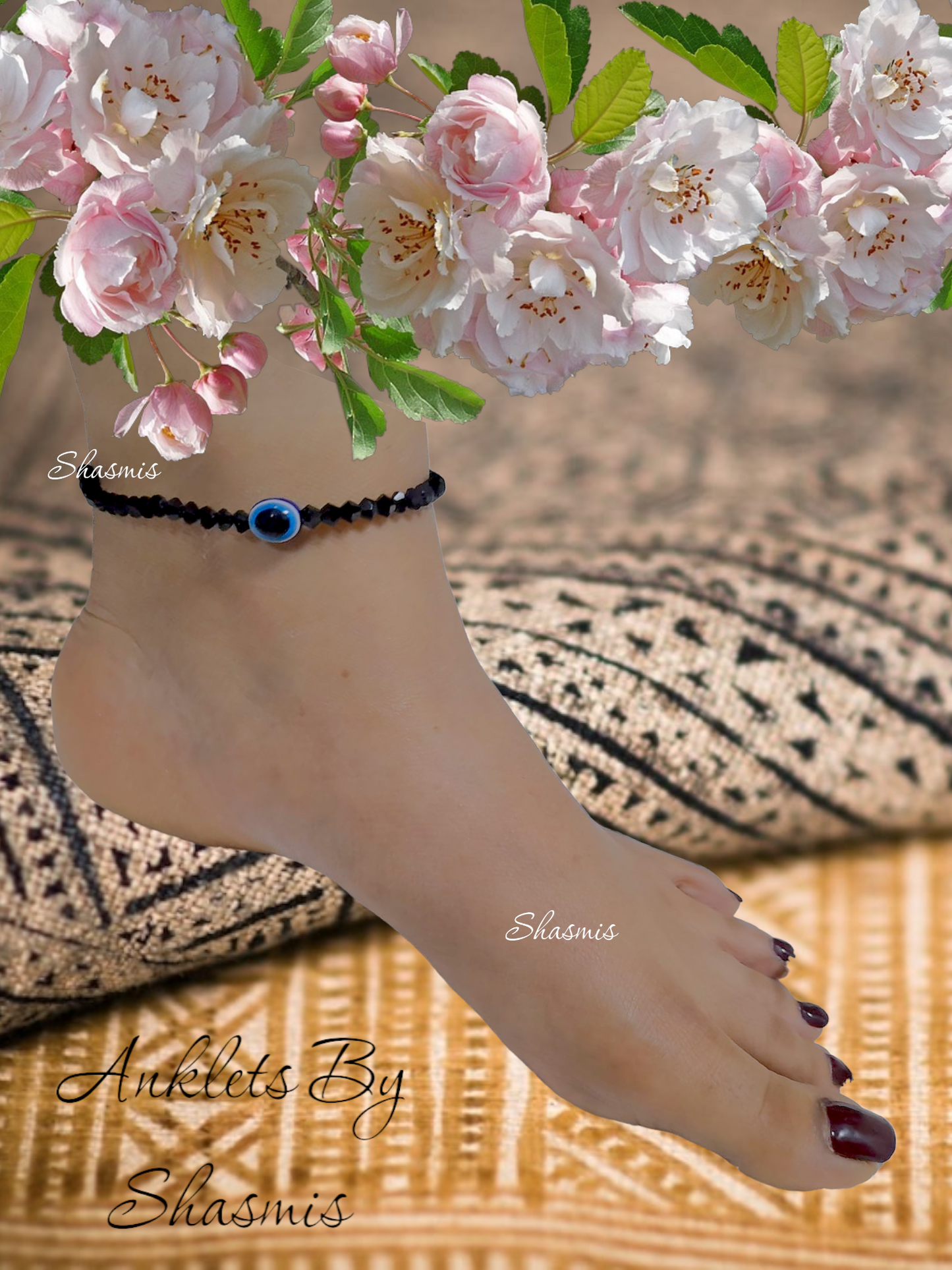 Black Design Beads With Evil Eye Anklets