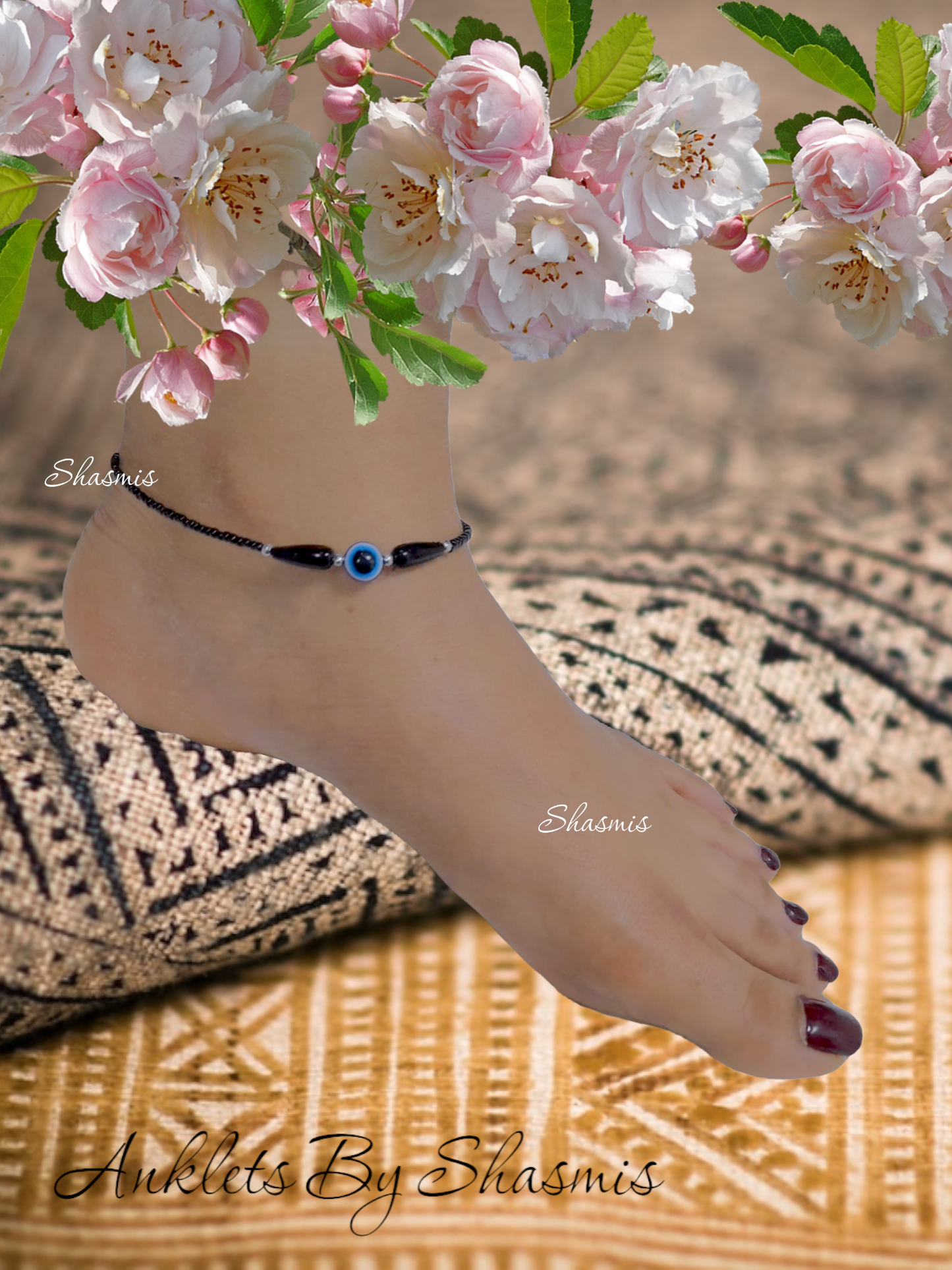 Black Beads With Evil Eye Design Anklets