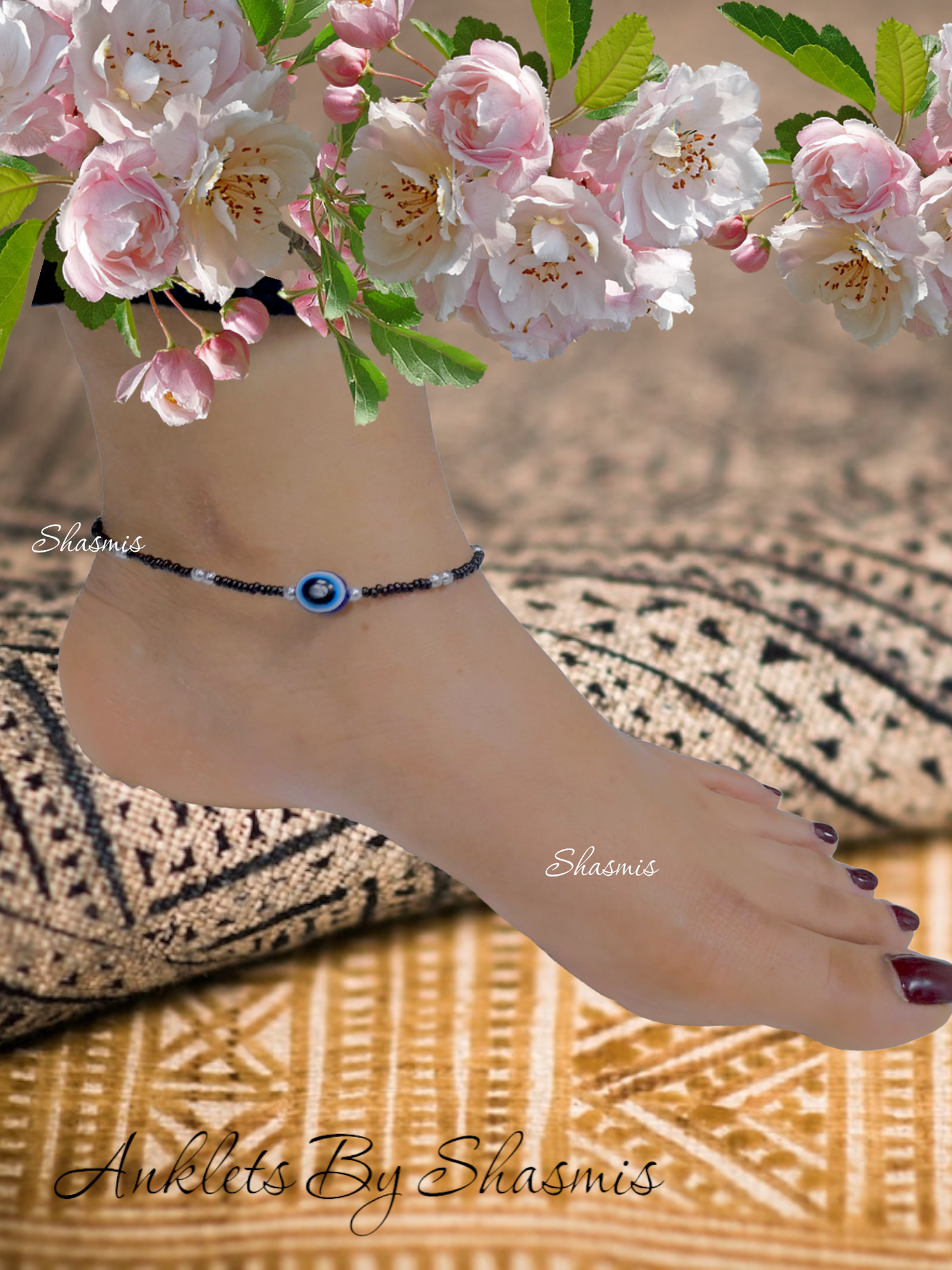 Black and Silver Beads Evil Eye Anklets