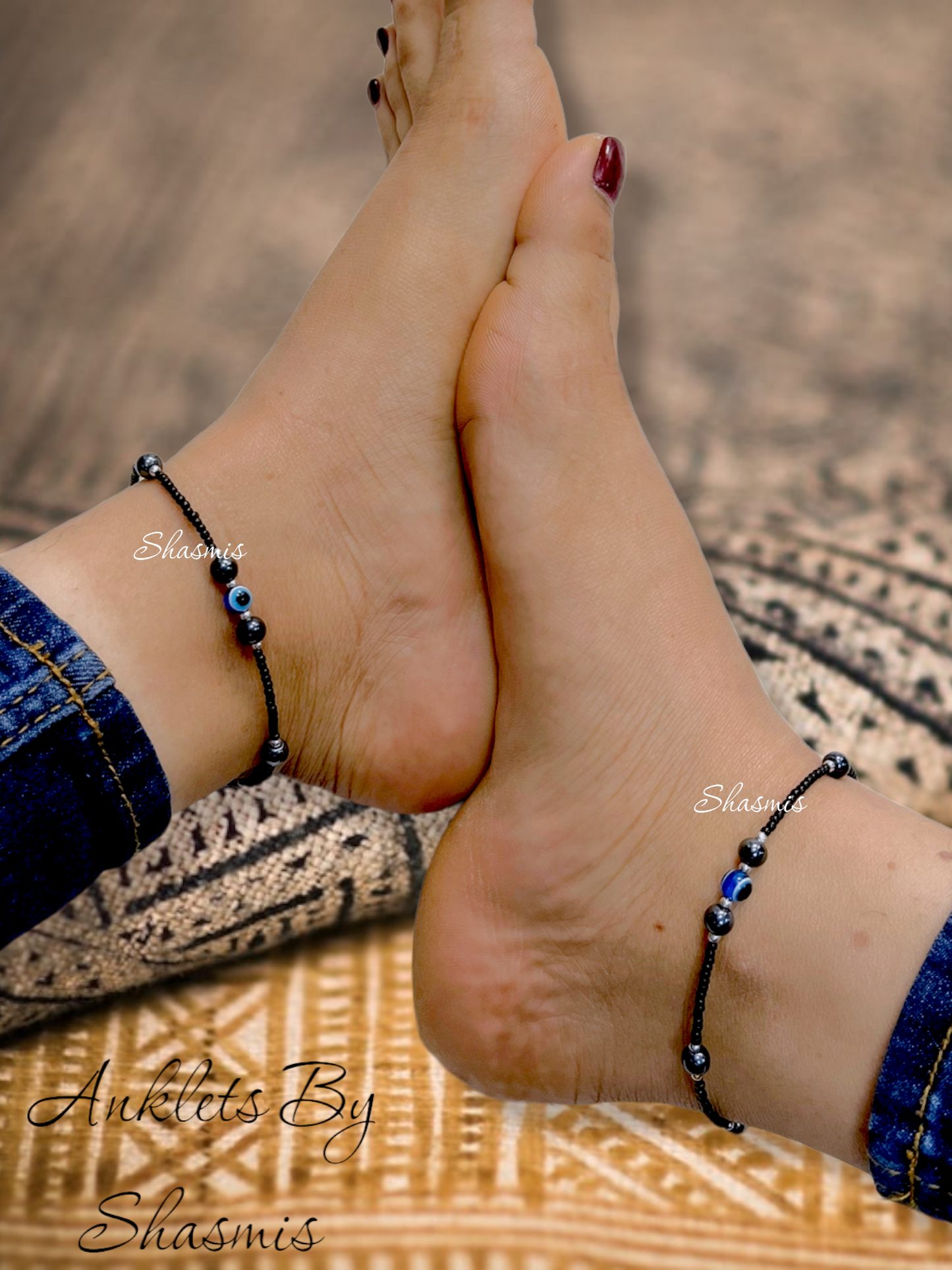 Grey Color Big Beads Evil Eye Anklets
