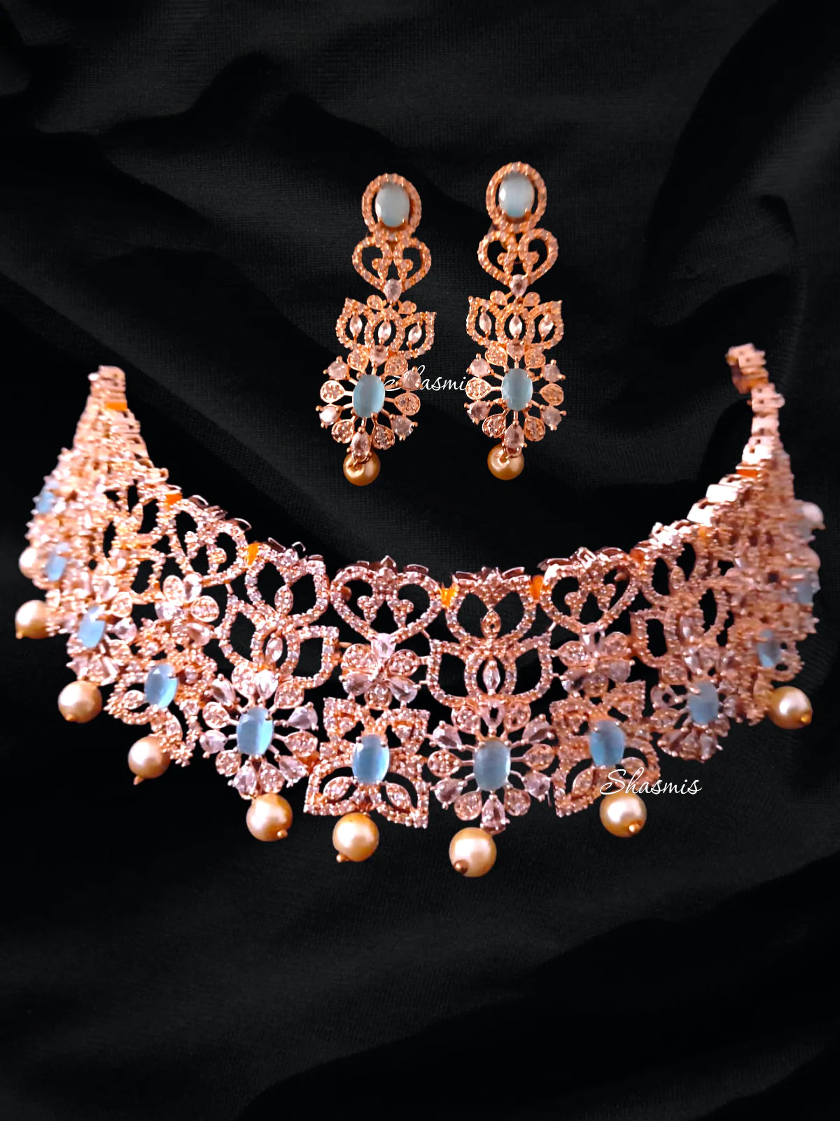 Sky Blue Stones With Rose Gold American Diamond Stone
