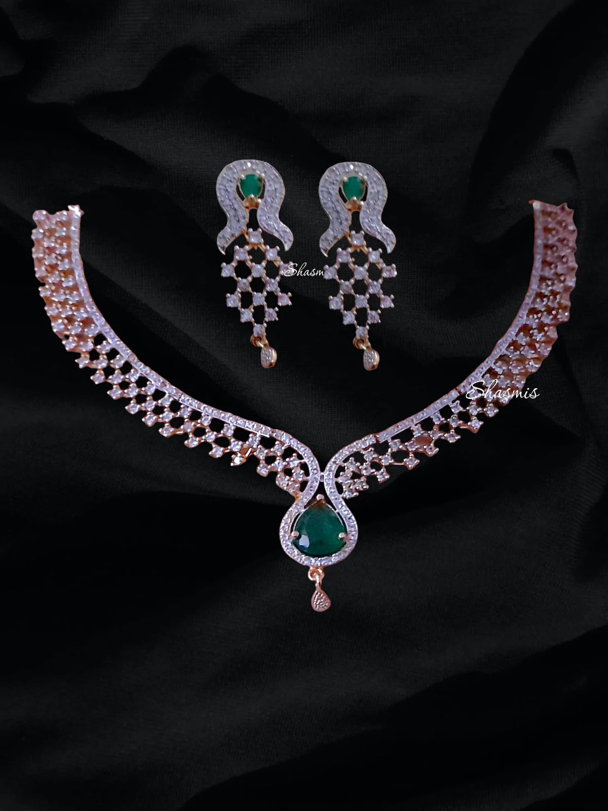 Green Diamond Gold Plated American Diamond Necklace