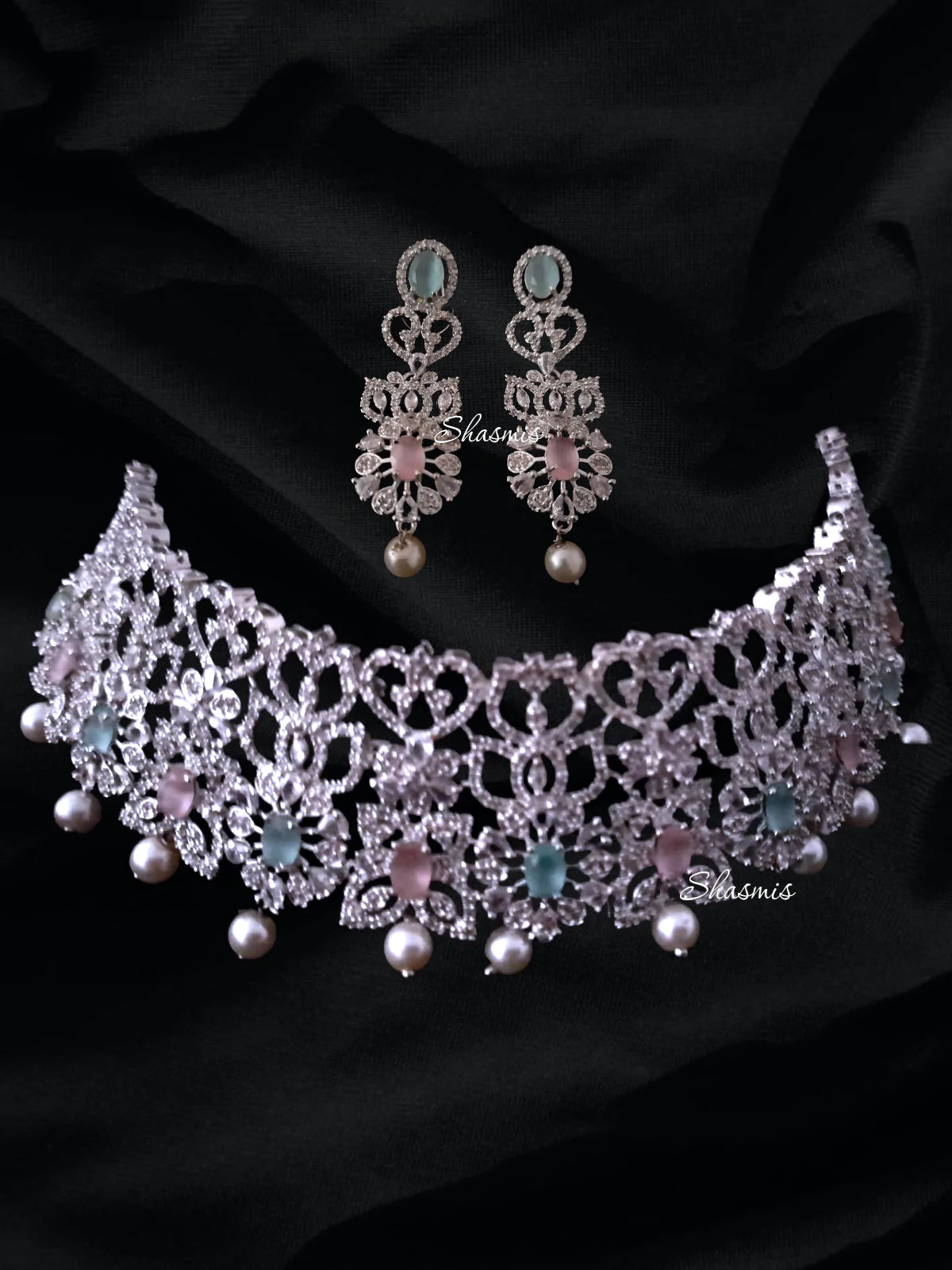 Pink And Sea Green Stone Silver Diamond Necklace