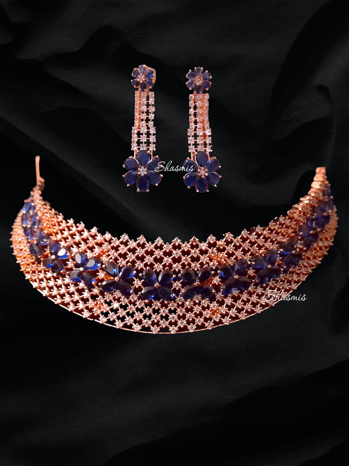 Blue Color Stone With Rose Gold American Diamond Necklace