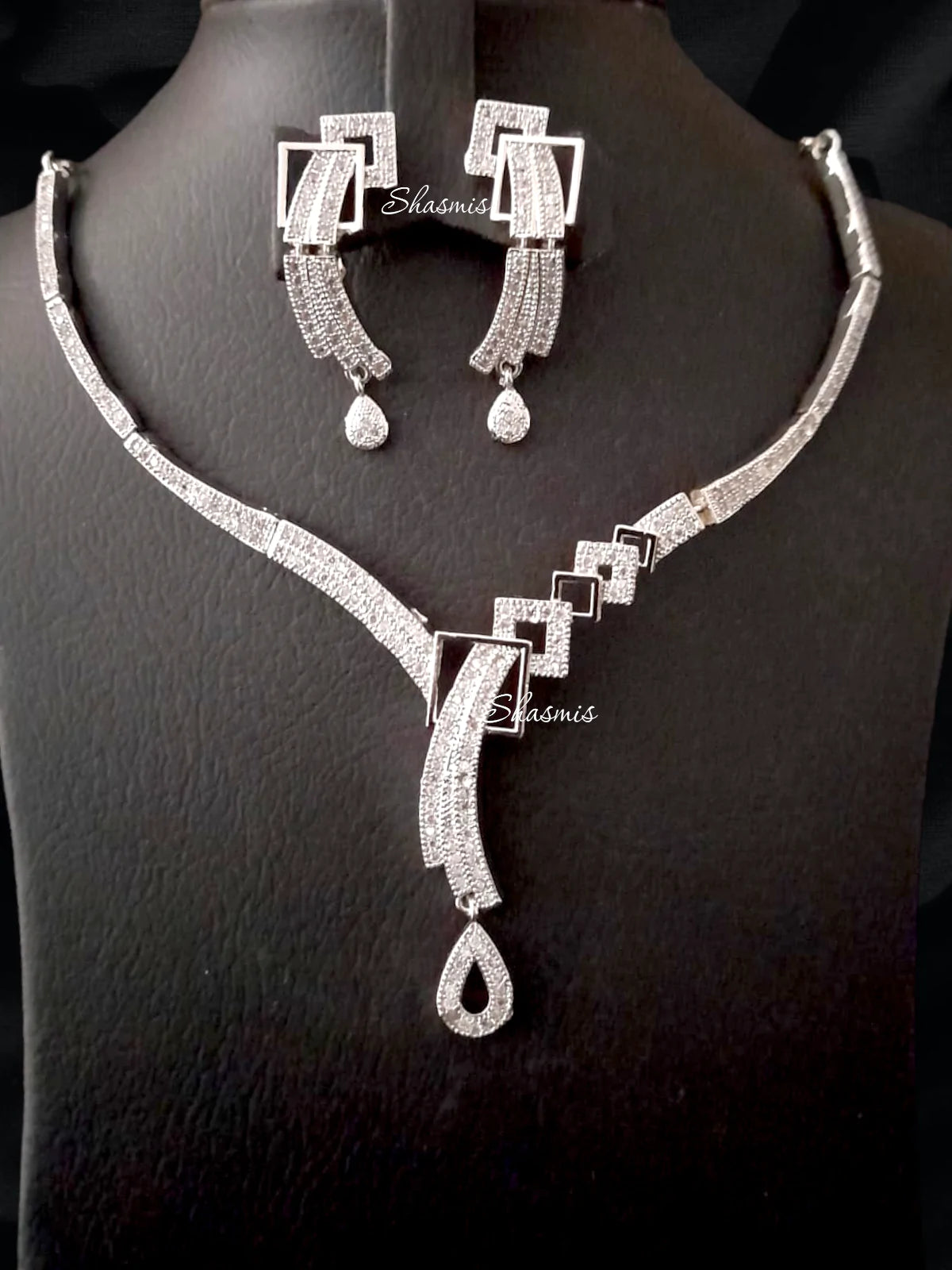 Silver Color American Diamond Necklace With Earrings