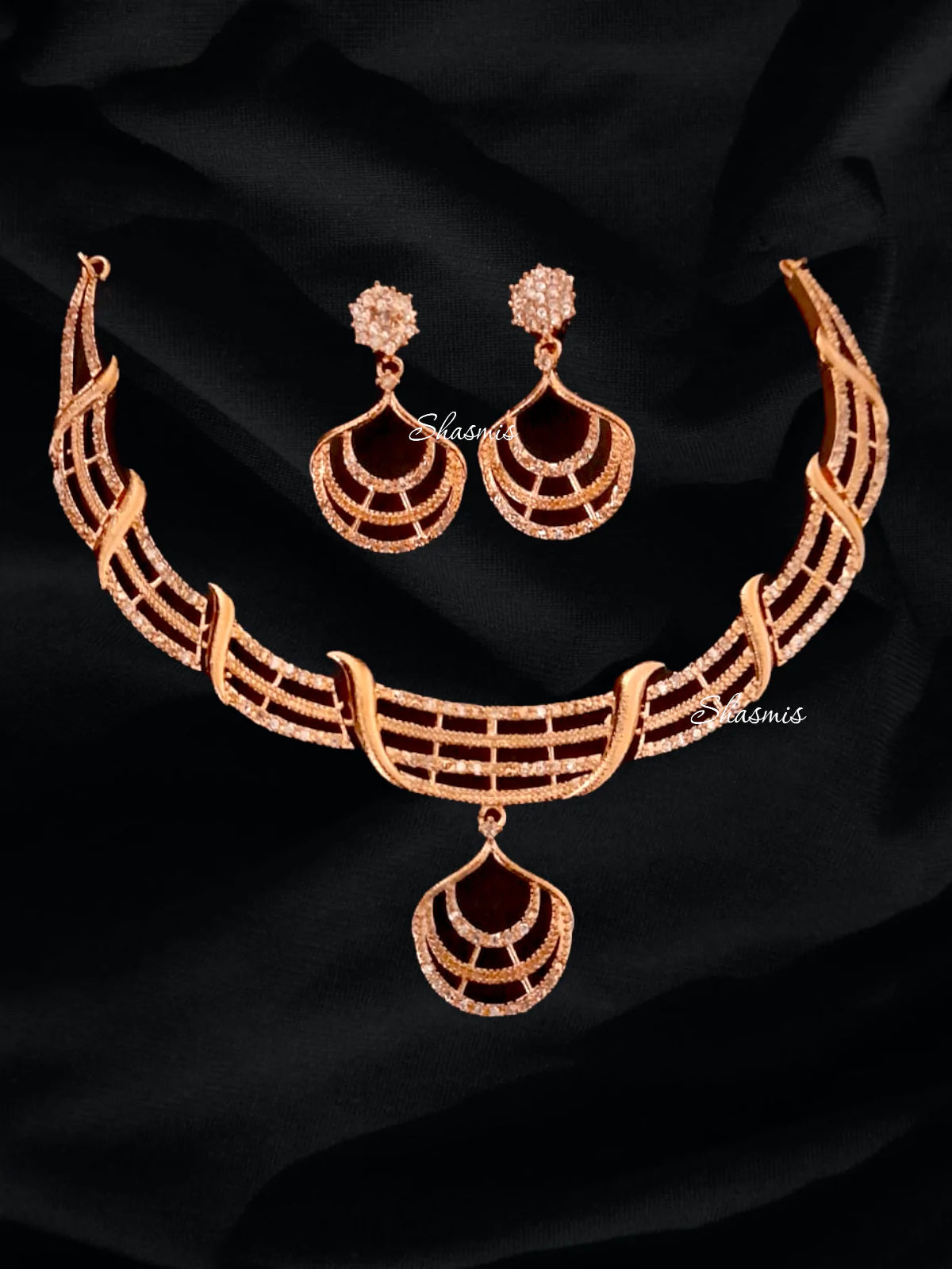 Rose Gold Design American Diamond Necklace With Earrings