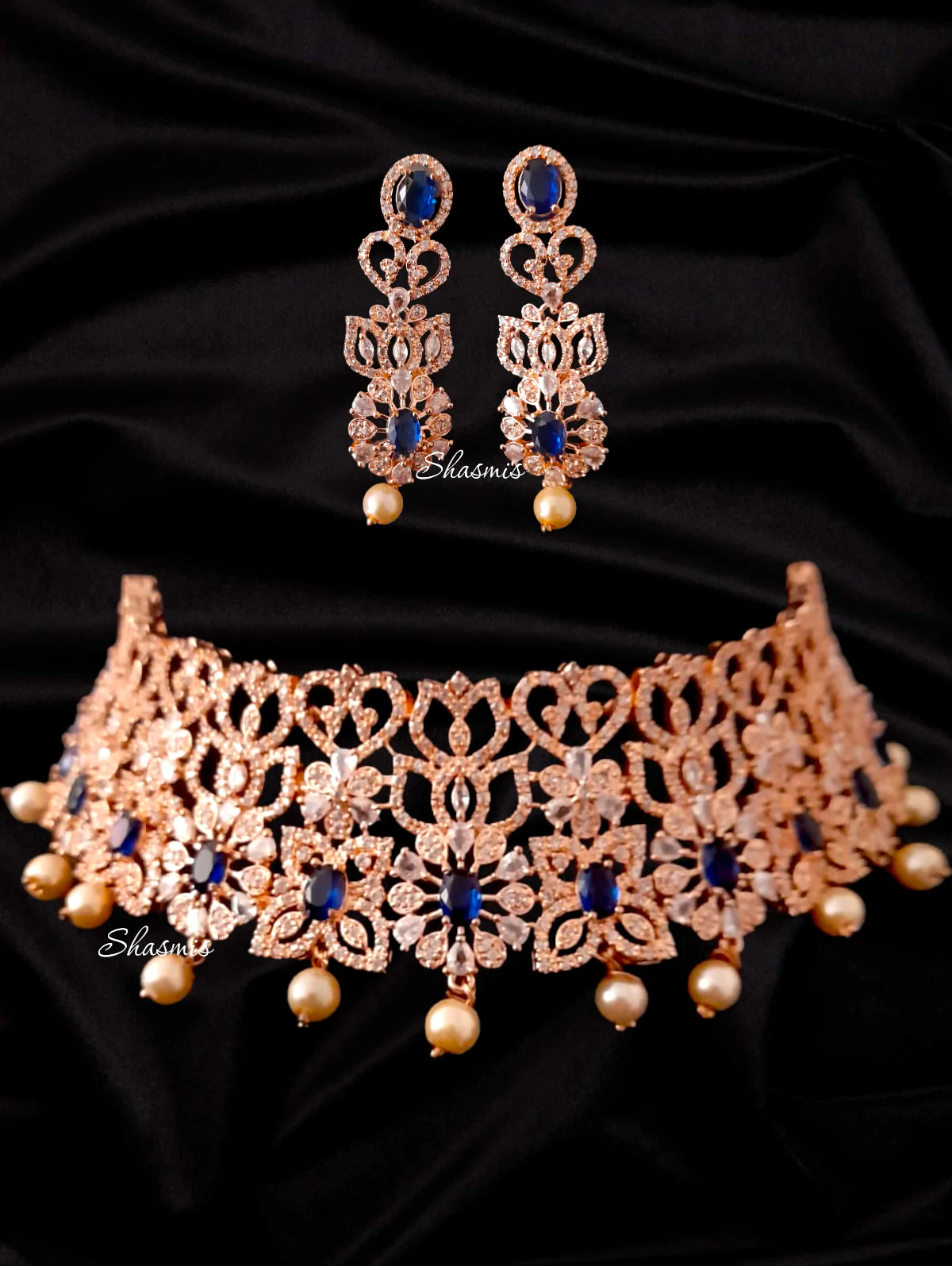 Blue Stone Rose Gold American Diamond Broad Necklace
