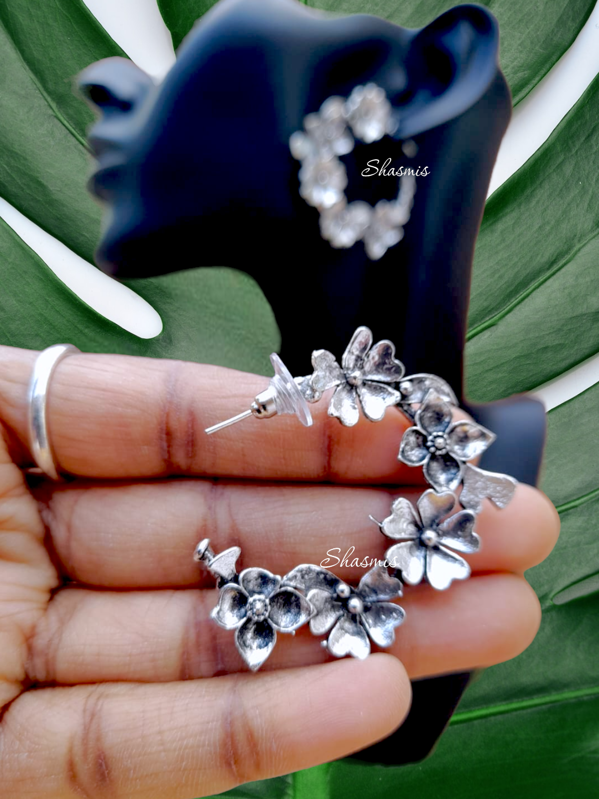 Silver Flower Hoop Design Earrings