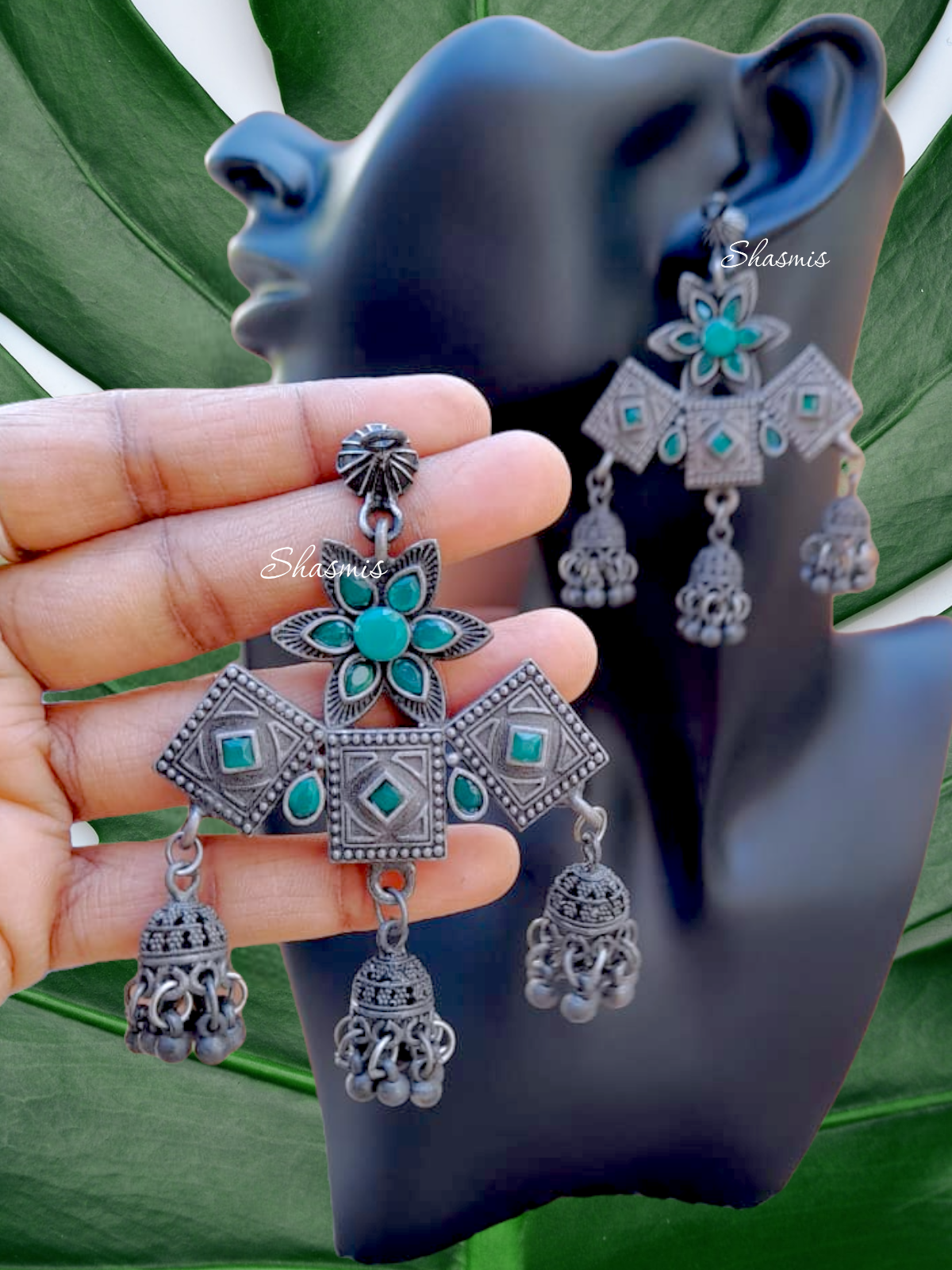 Green Color Germal Silver Jhumka Earrings