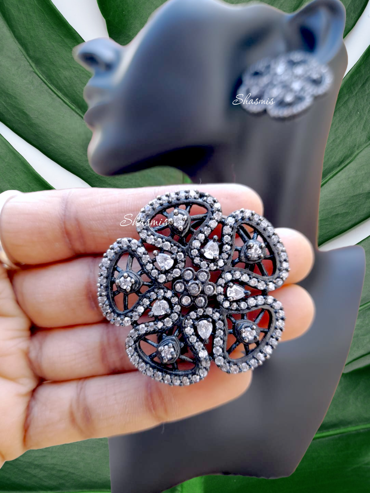 Black Metal White Diamond Earrings