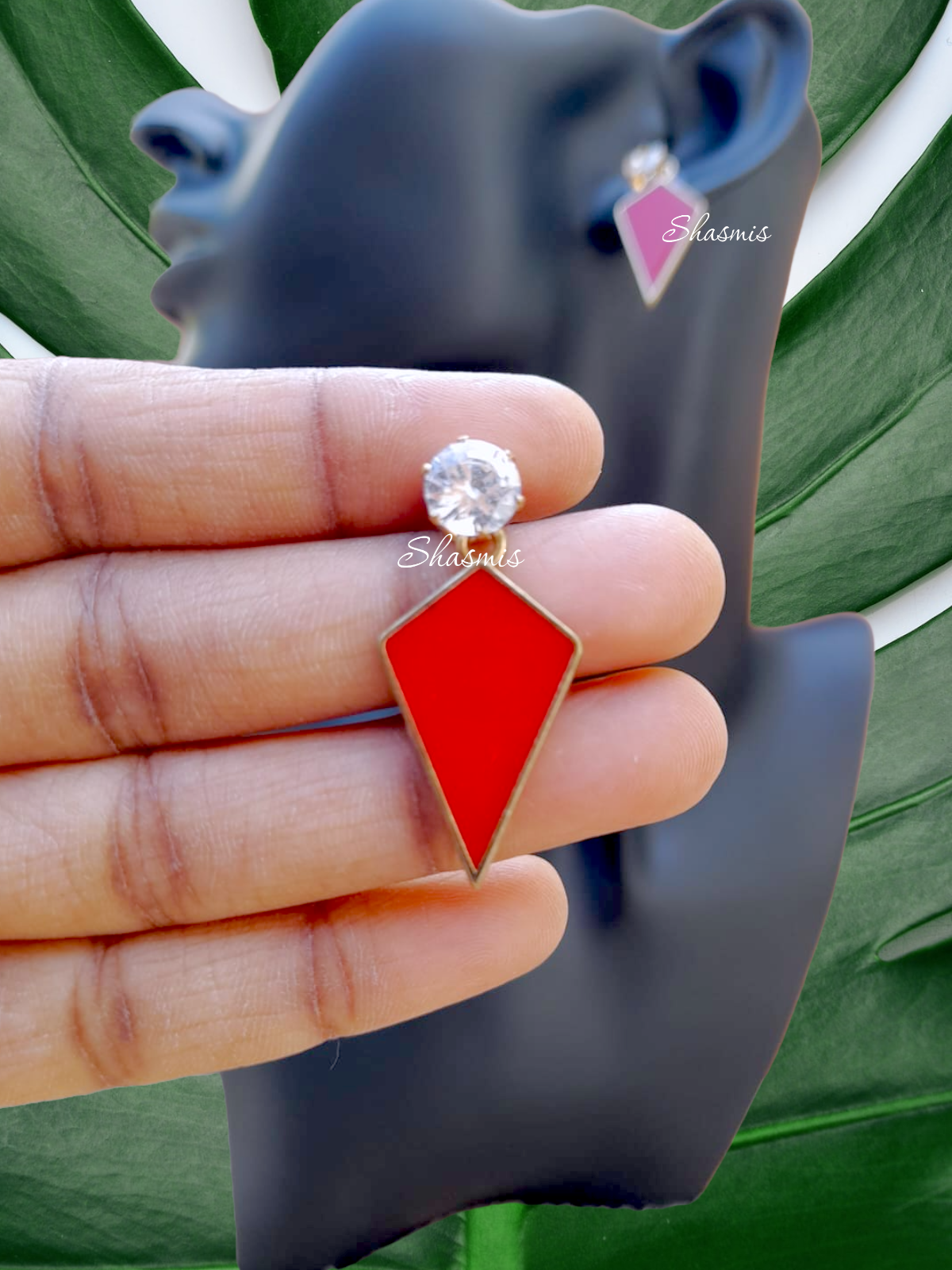 Red Color Drop Diamond Earrings