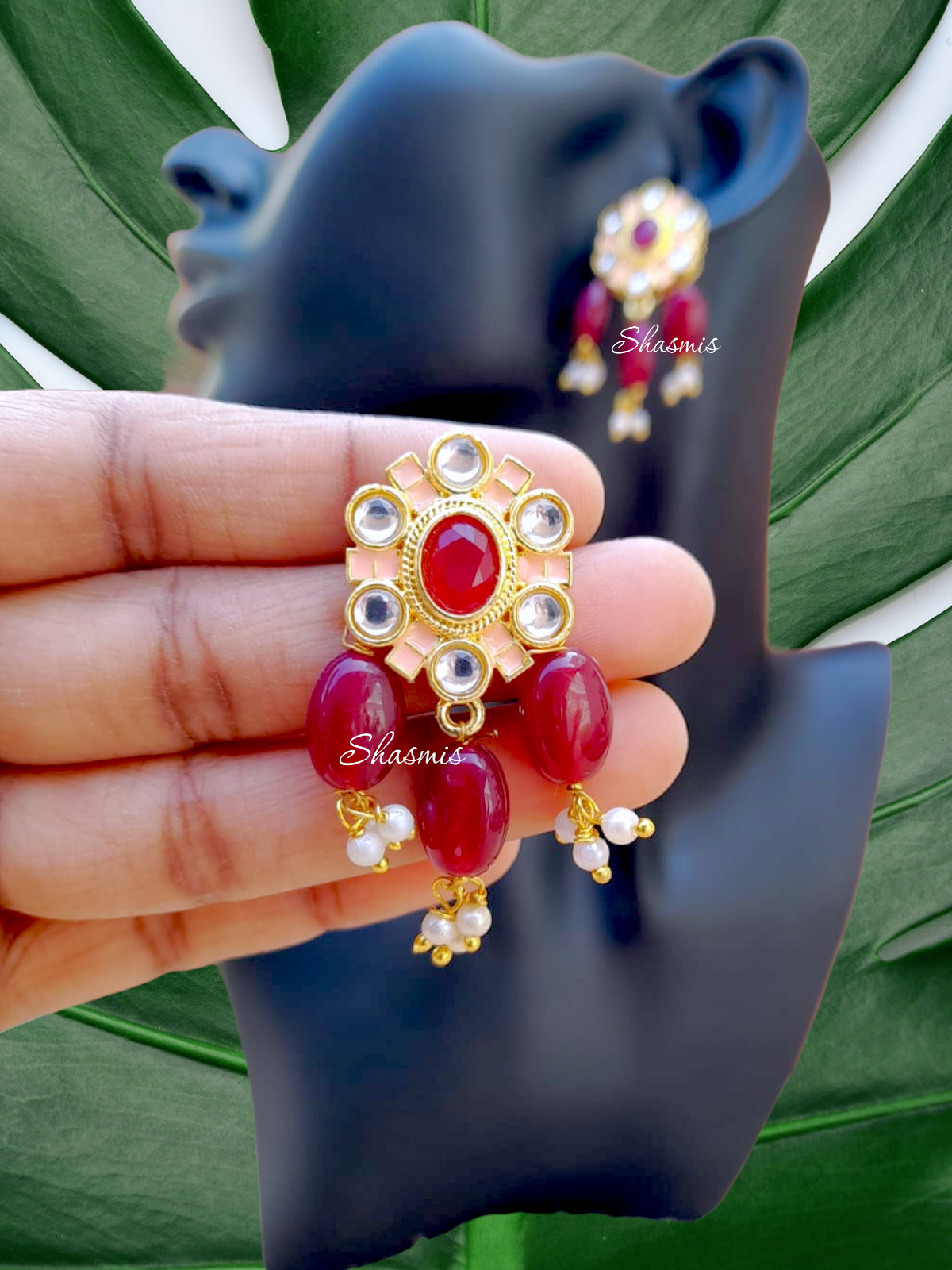 Long Orange Beads Kundan Necklace With Earrings