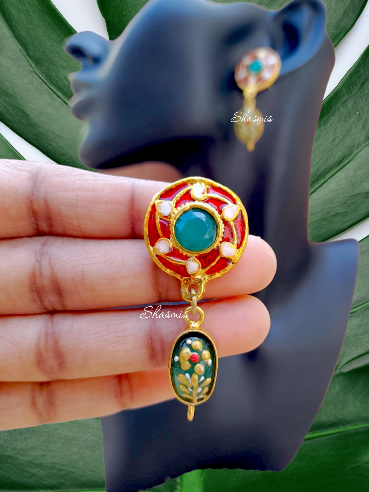 Carved Stone Red Color Drop Earrings