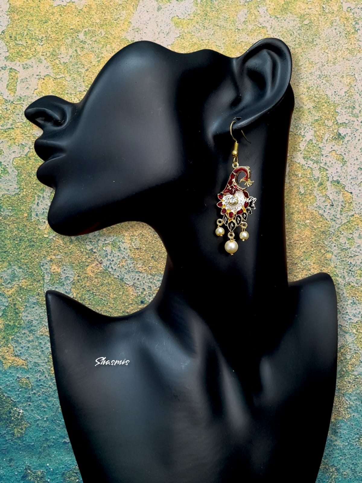 Maroon Color Peacock Design Long Drop Pearl Earrings