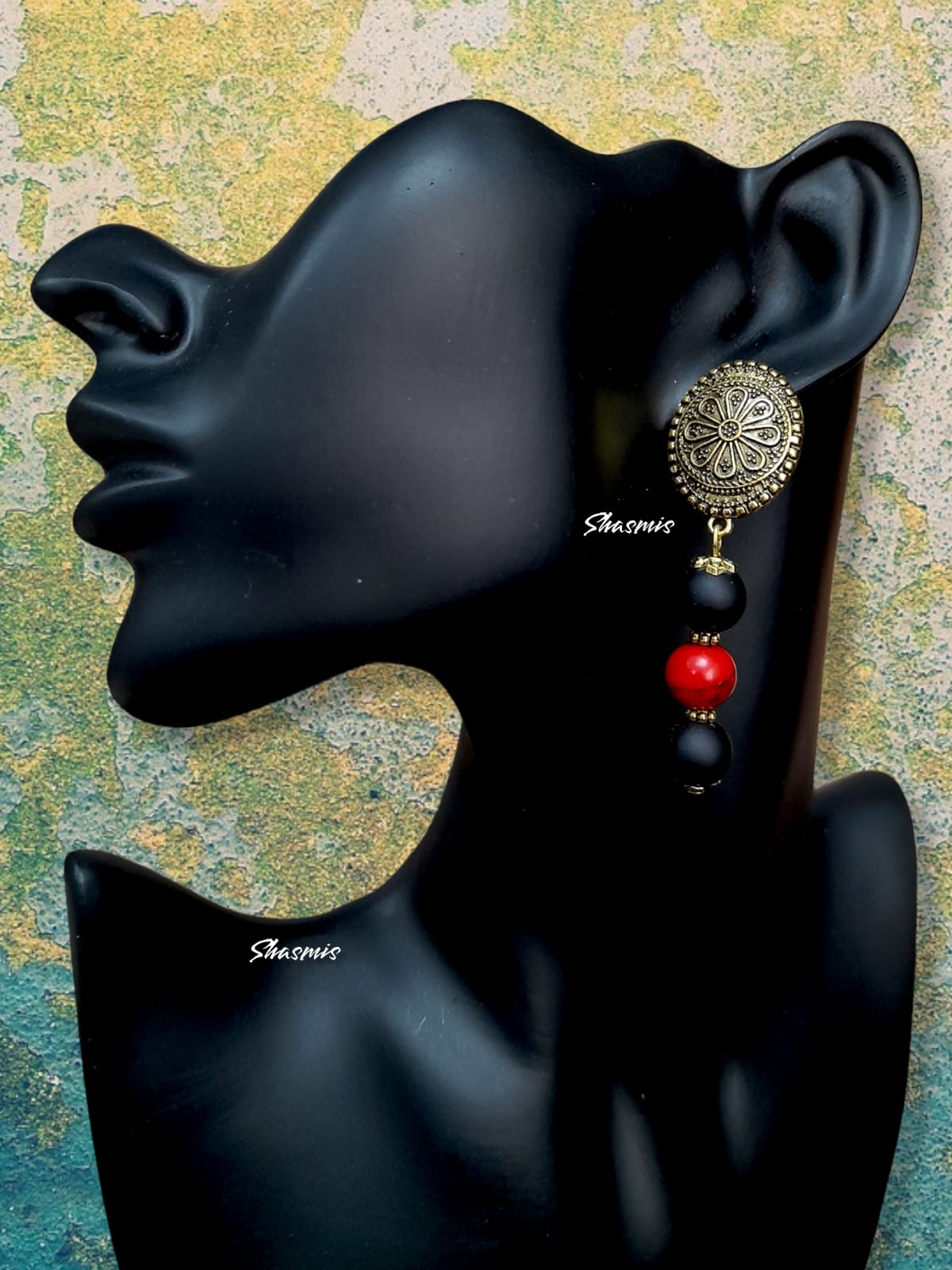 Black and Red Beads Long Earrings