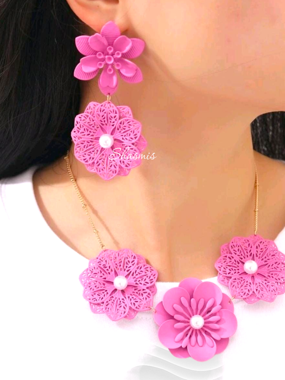Pink Flower Neck Choker With Earrings