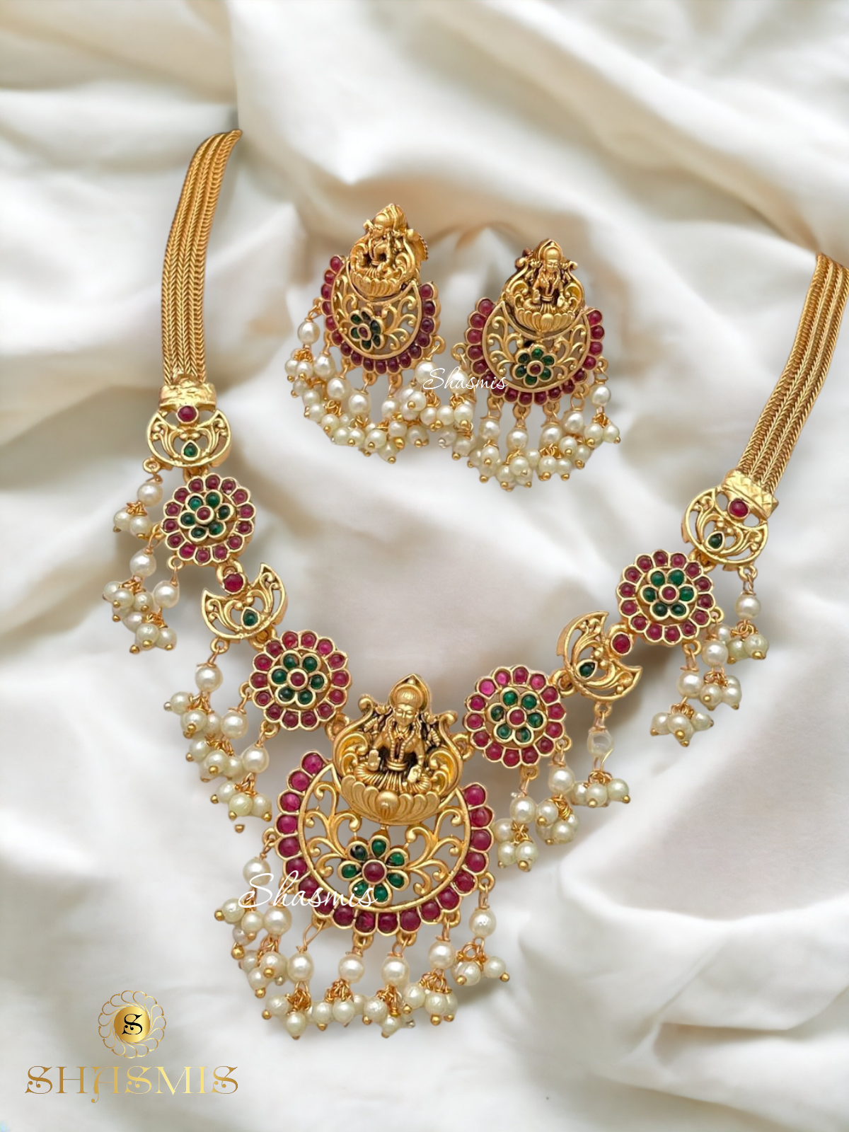 Laxmi Design Rub and Green Stone Temple Necklace