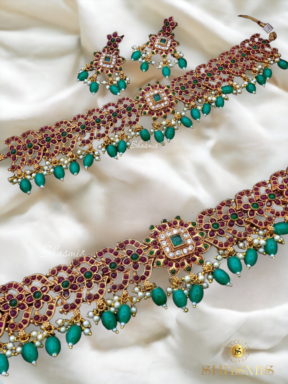 Green Beads On Drop Ruby Stones Temple Necklace