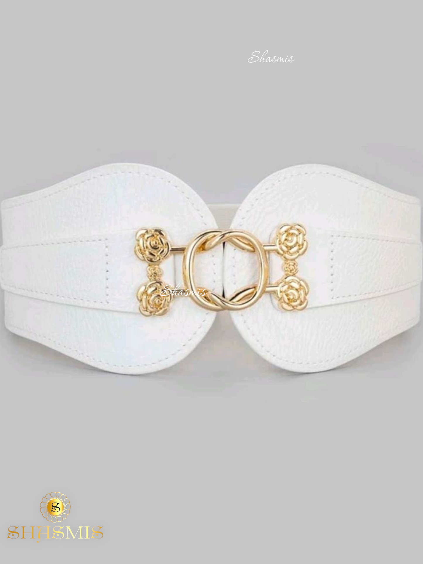 White Color Wide Flower Design Faux Belt