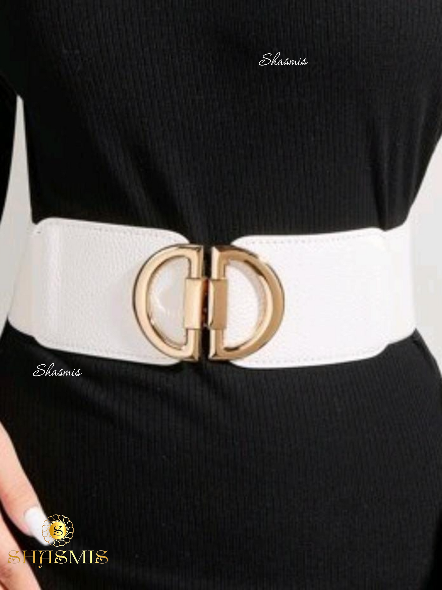 White Color Faux Golden Buckle Design Belt