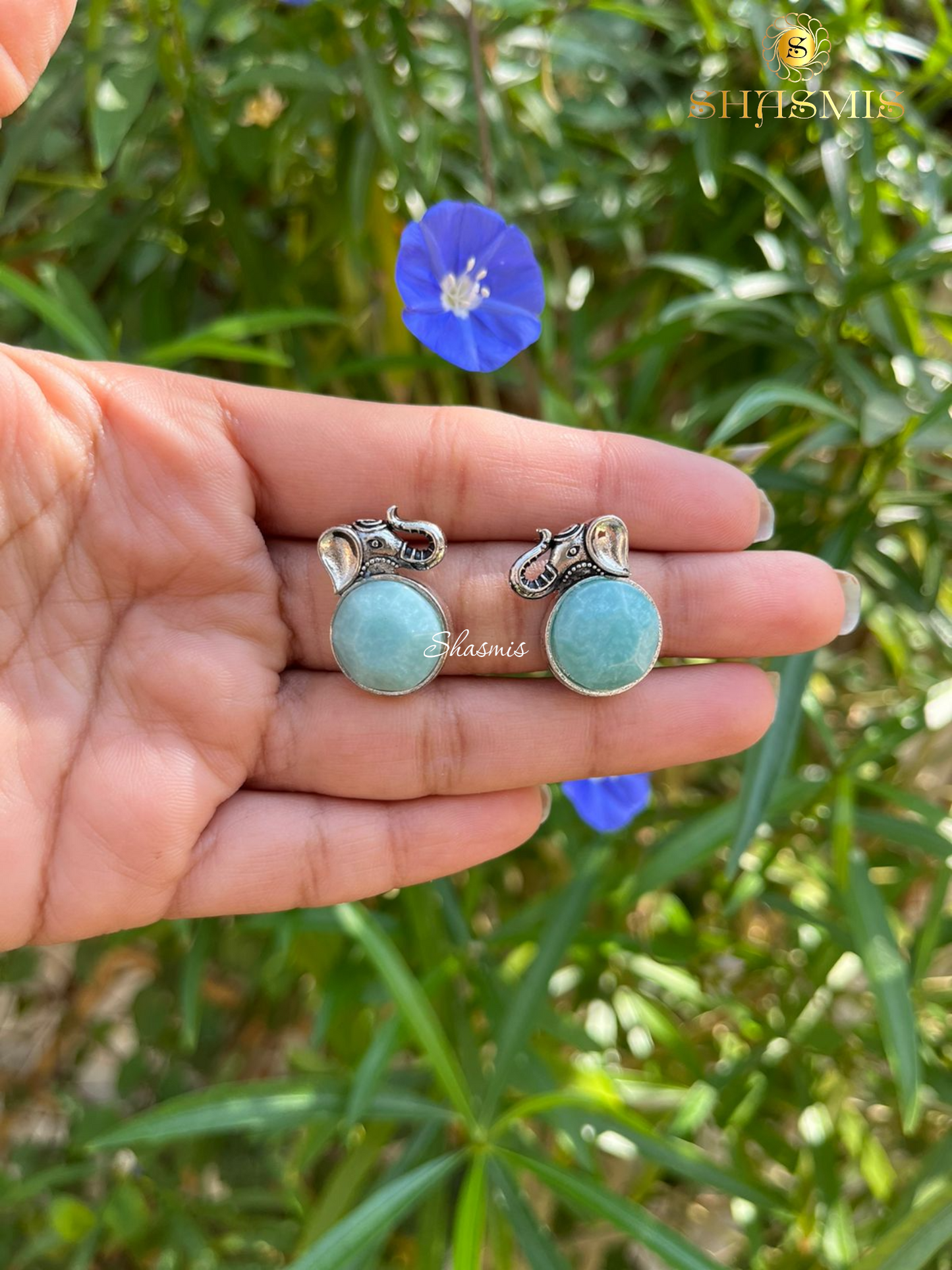 Elephant Design Turquoise Stone Stud Silver Earrings