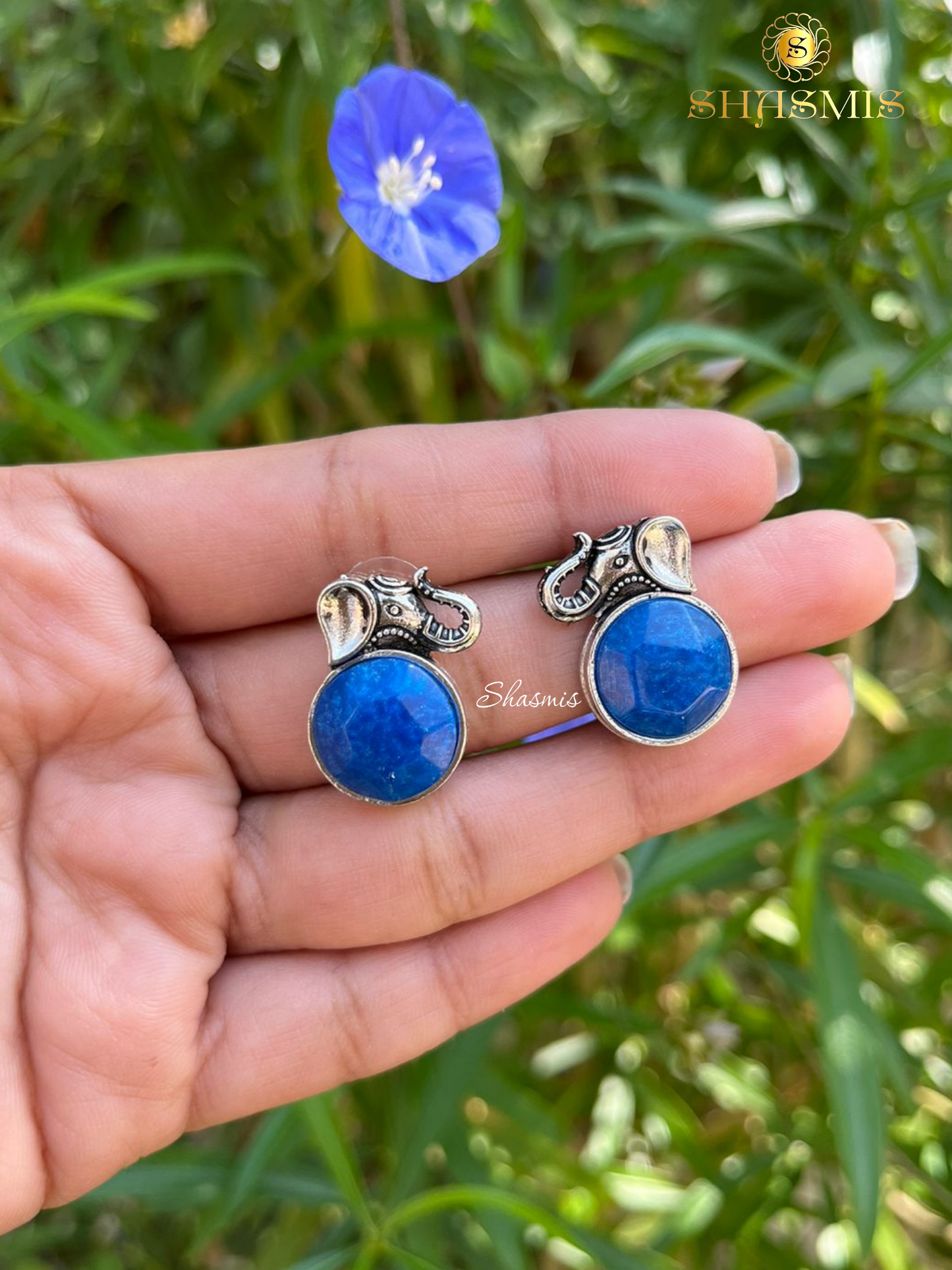 Elephant Design Blue Stone Silver Stud Earrings