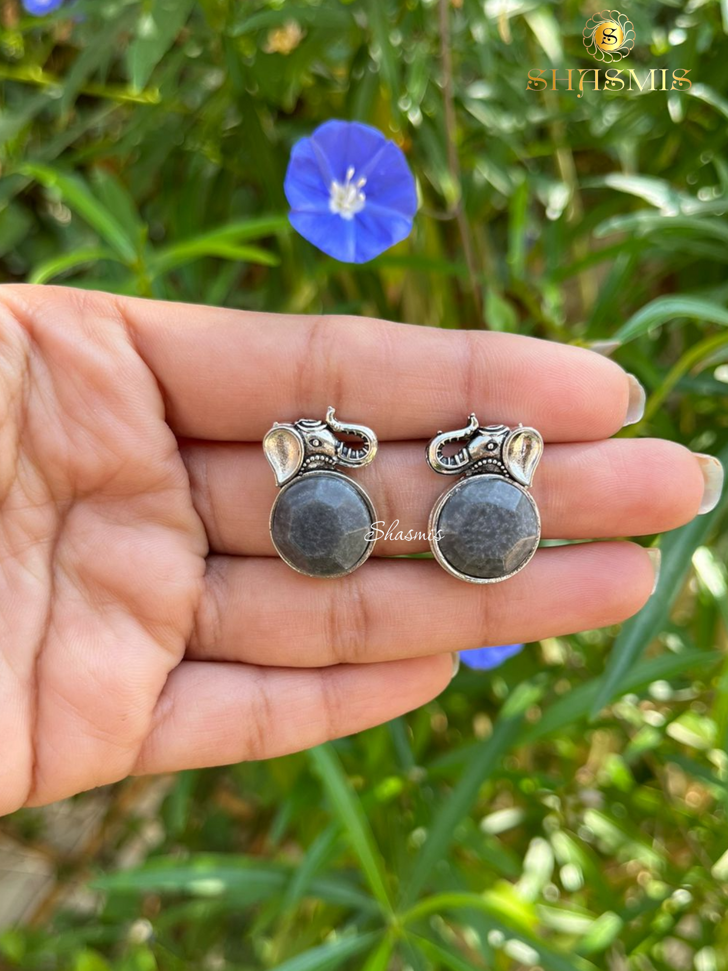 Elephant Design Grey Stone Stud Earrings