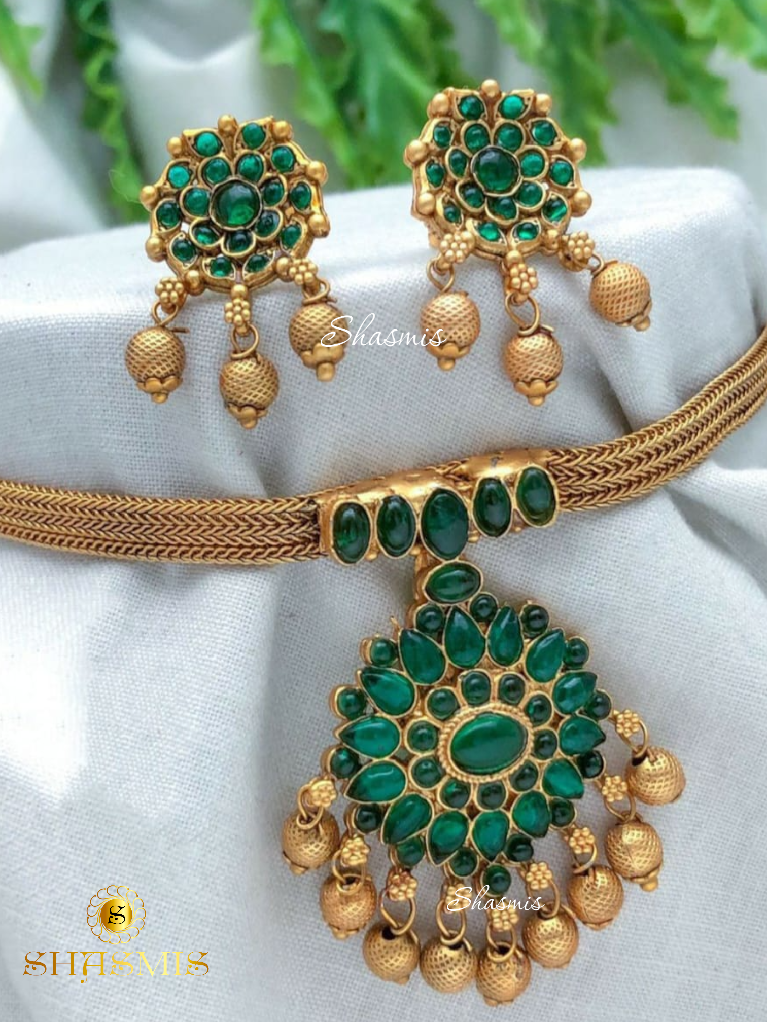 Green Stone Golden Polish Temple Jewellery Necklace With Earrings