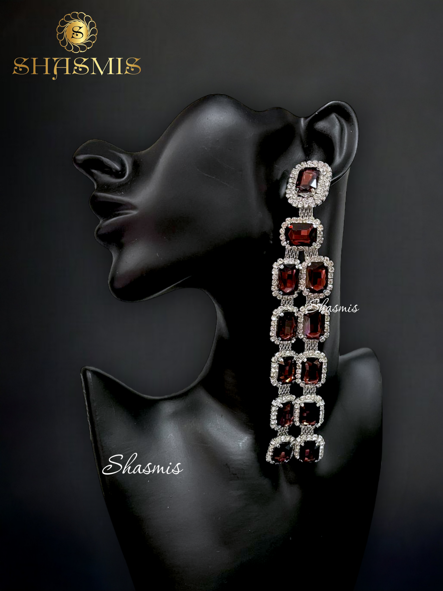 Wine Color Rheinstone Prerto Long Earrings