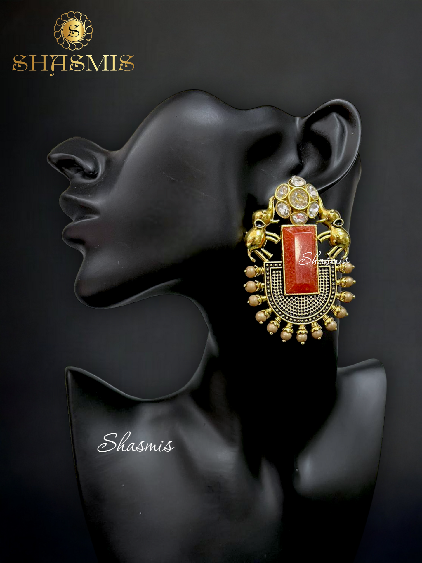 Red Color Stone Golden Polish Elephant Earrings