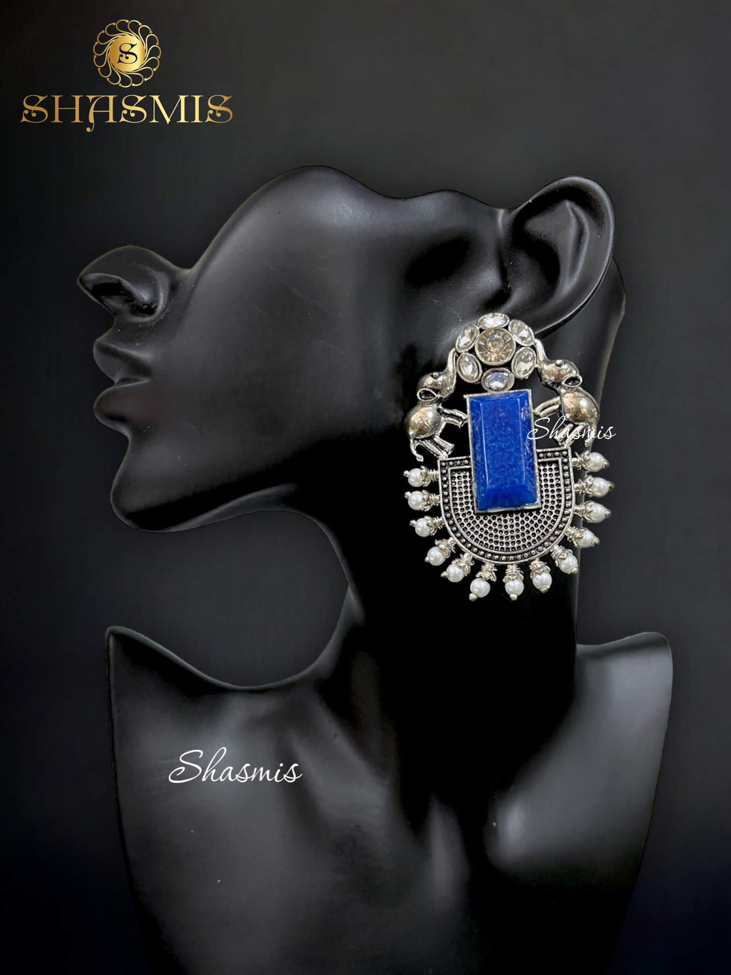 Blue Stone Silver Polish Elephant Earrings