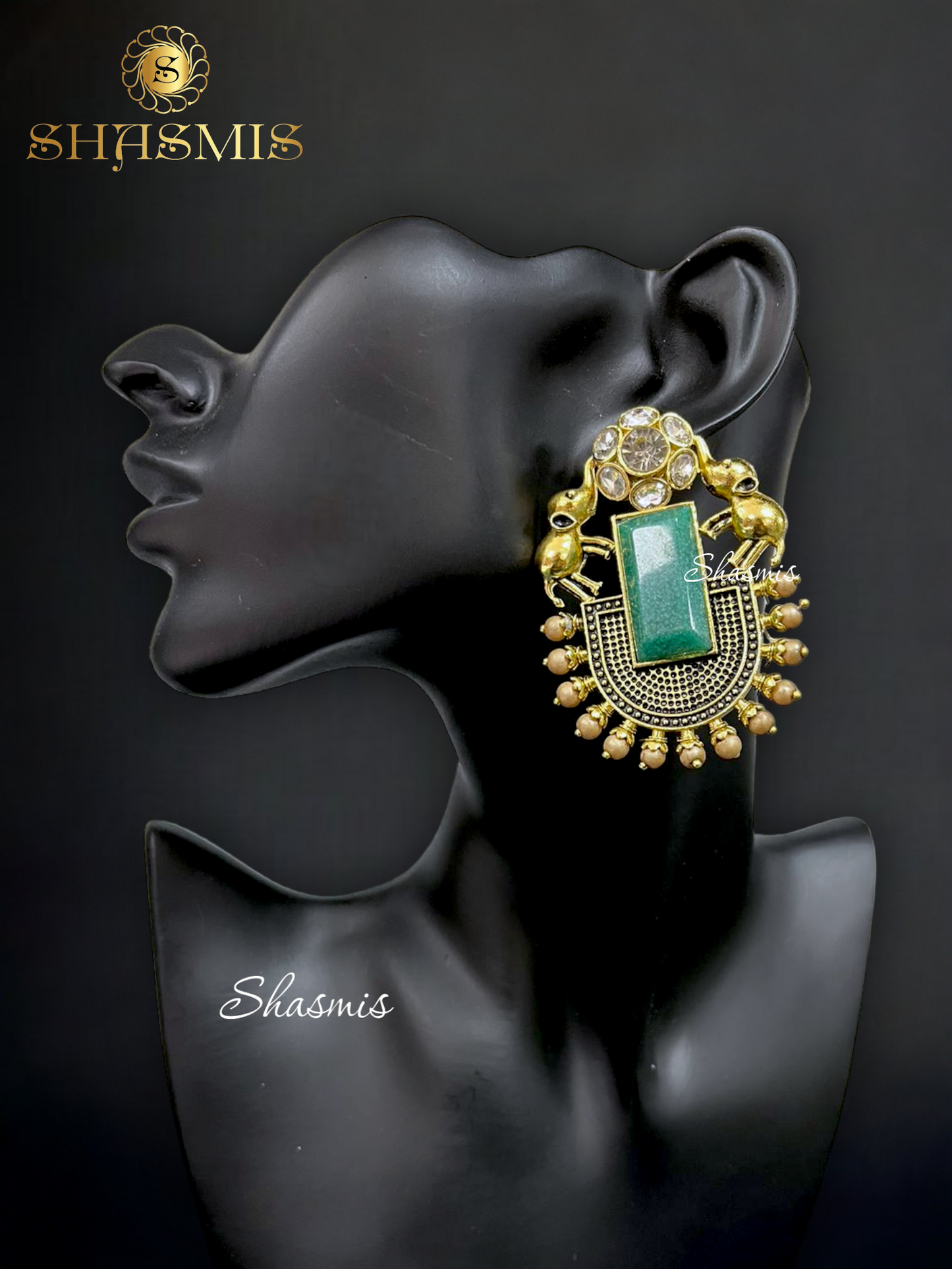 Green Rheinstone Golden Polish Elephant Earrings