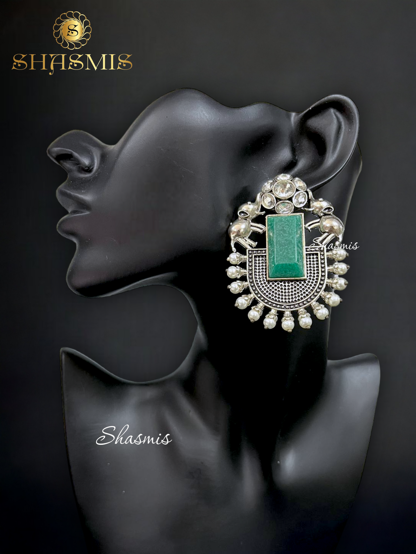 Green Stone Silver Elephant Earrings