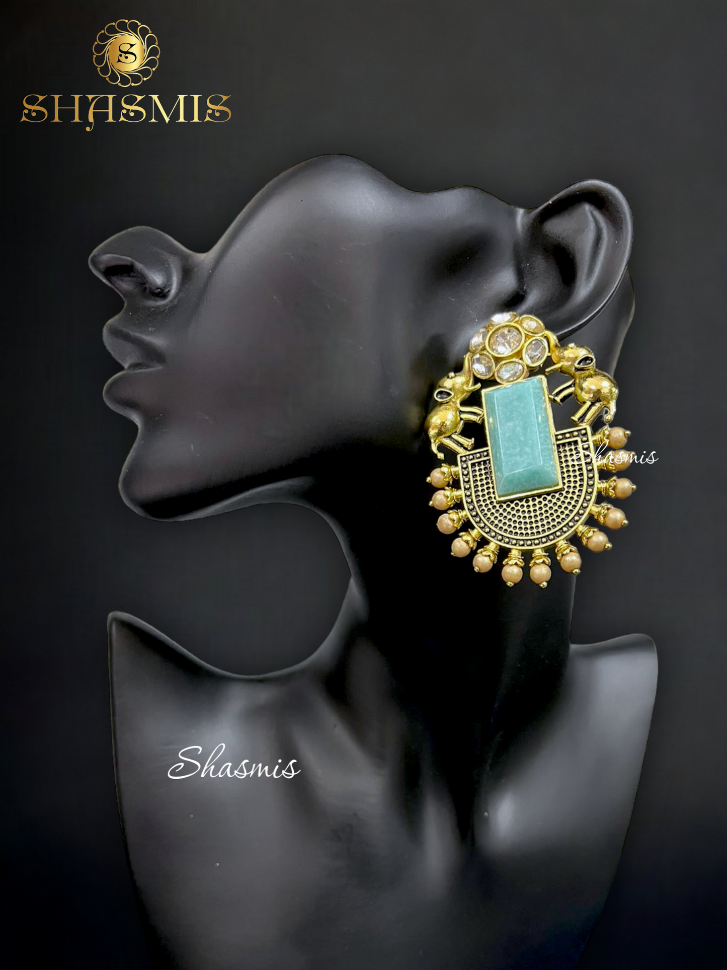 Turquoise Color Stone Gold Elephant Earrings