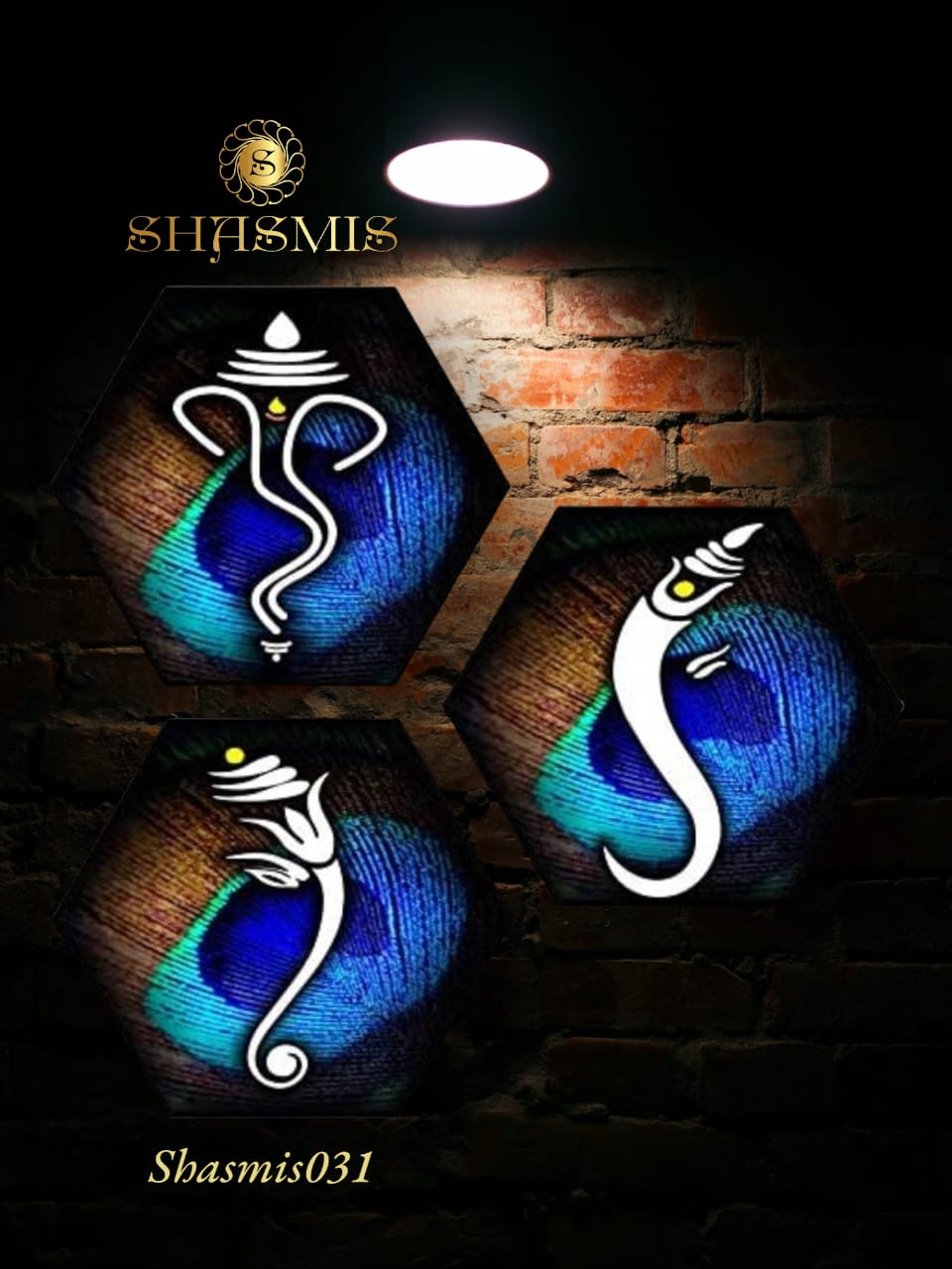Peacock Design Ganesha Wall Painting Hexagon Set Of 3