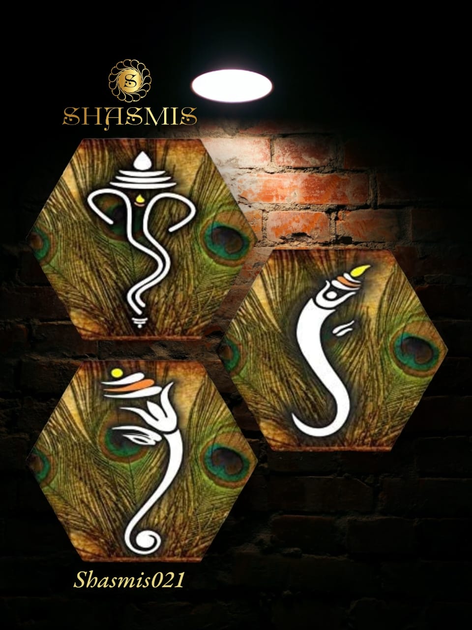 Indian Traditional Ganesha Embossed Set Of 3 Wall Hexagaon painting