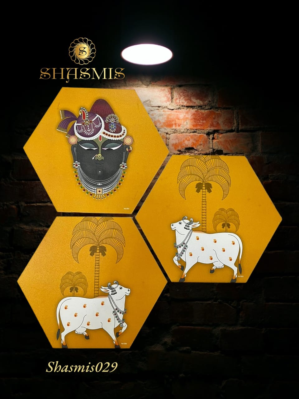 Yellow Shade Pichwai Hexagon Wall Painting Set Of 3