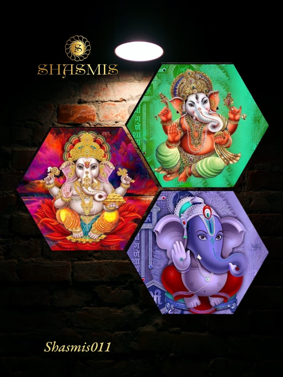 Lord Ganesha Idol Design Set Of 3 Wall Hexagaon painting