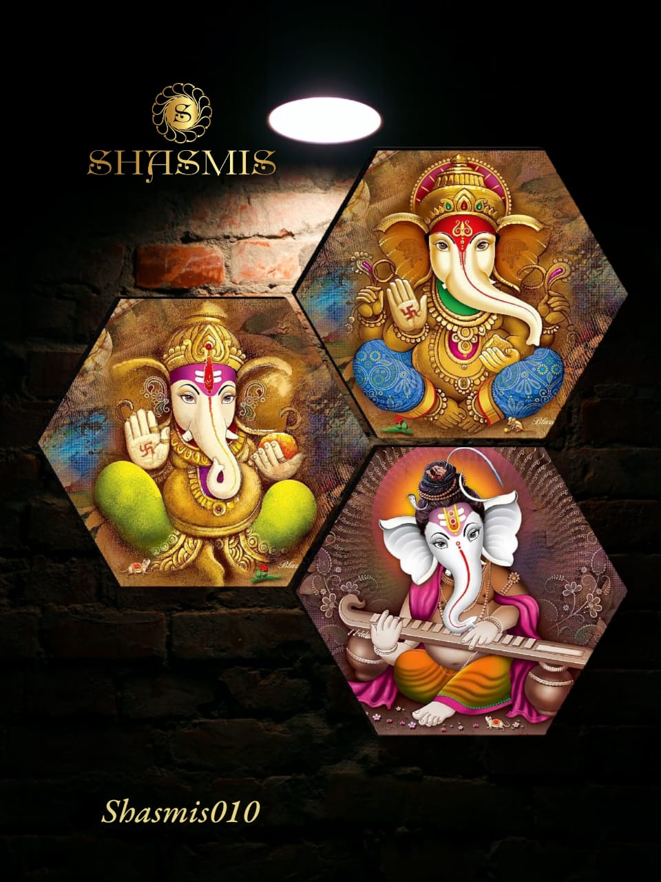 Ganesha Design With Instrument Set Of 3 Wall Hexagaon painting