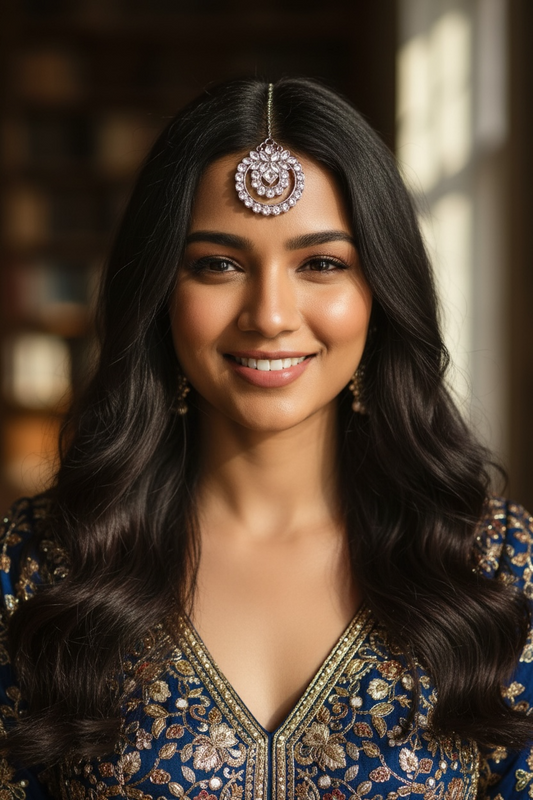 White Clear Stone Oxidised Silver Mangtika