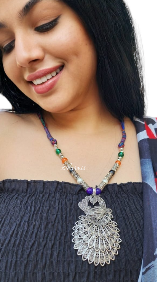 Peacock Pendant Long Silver Necklace With Earrings