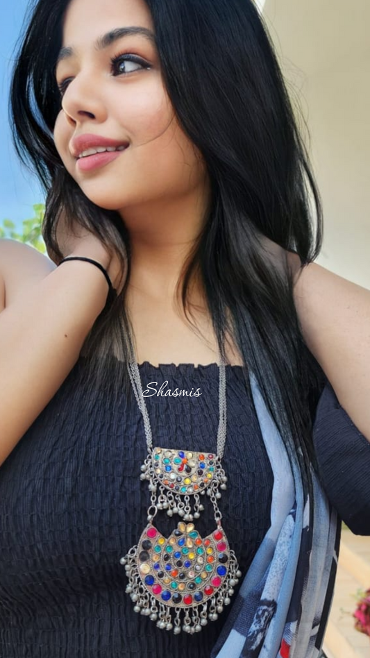 Color Stone Long Afghani Necklace With Earrings
