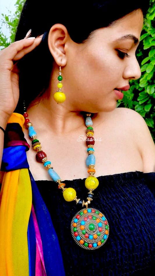 Multicolour Stone Long Metal Necklace With Earrings