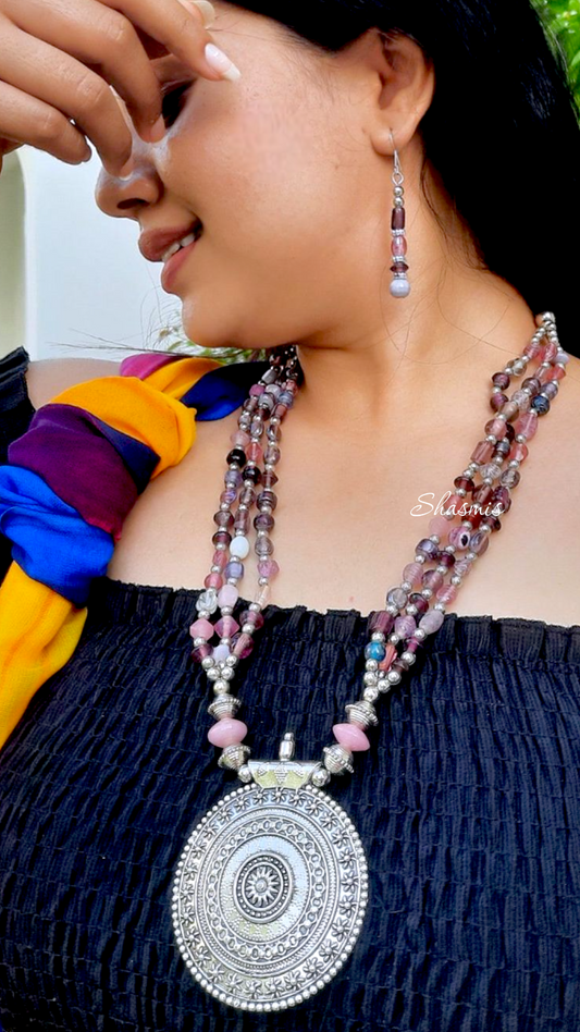 Long Silver Pendant With Pink Shade Beads Necklace And Earrings